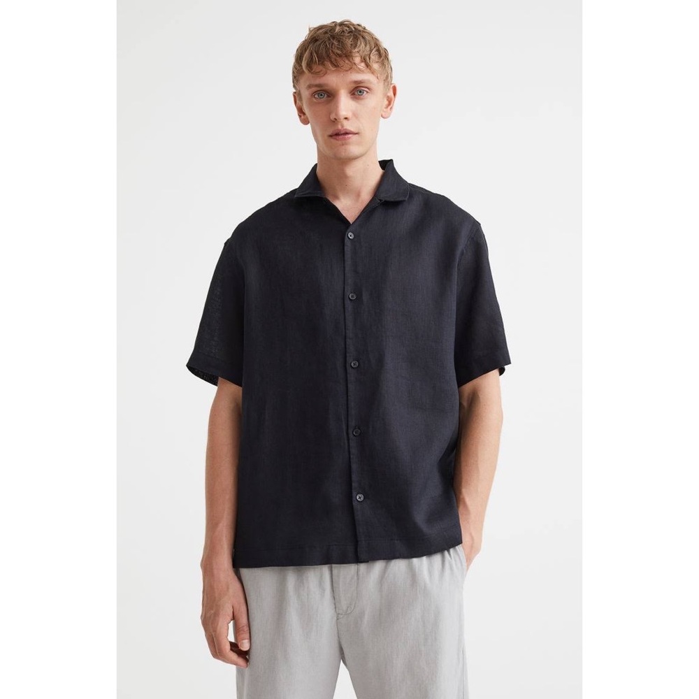 Black Linen Short Sleeve Shirt